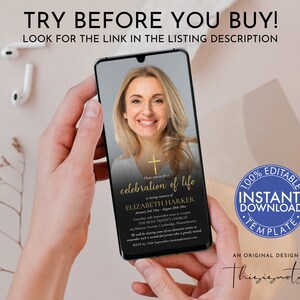 May include: A black and gold digital invitation template for a celebration of life. The template features a photo of a woman, a cross, and the text "celebration of life" in gold lettering. The text "100% Editable Instant Download Template" is in a blue circle with white text.