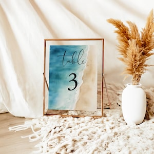 BIELLE Watercolor Ocean Beach Wedding Table Number, Beach Table Numbers Template, Editable Printable Table Number, Destination, DIY, Corjl