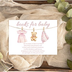 LUMI Watercolor Pink Girl Clothesline Books For Baby Card Template, Girl Baby Shower Invitation Insert, Cute Boho, Instant Download, DIY