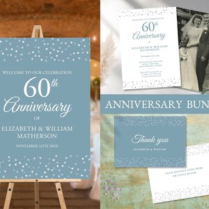 60th Wedding Anniversary Celebration Bundle, Wedding Invitation Template, Welcome Sign, Thank you card, Printable, Instant Download, SH60
