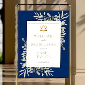 Modello di cartello di benvenuto per Bar Mitzvah, verde rustico, cartello di benvenuto per Bar Mitzvah blu navy, modificabile, cartello stampabile, download immediato, WGBM