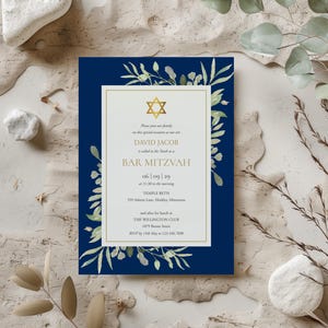Mall för marinblå gröna Bar Mitzvah-inbjudningar med guld Davidsstjärna (digital nedladdning)