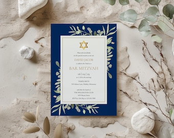 Navy Blue Greenery Bar Mitzvah Invitation Template with Gold Star of David (Digital Download)