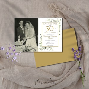 Plantilla de invitación con foto para guardar la fecha del 50.º aniversario de bodas, fiesta sorpresa, invitación para renovar votos matrimoniales, descarga instantánea, WG50
