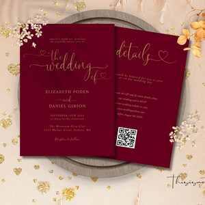 May include: Burgundy wedding invitation with gold lettering. The invitation reads "The Wedding of Elizabeth Foden and Daniel Gibson" with the date and location. The back of the invitation has a QR code and the text "details".