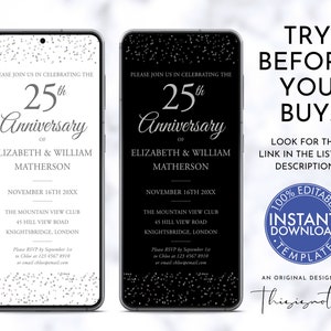 25th Anniversary Evite Template: Silver Wedding Party Invitation, Vow Renewal (Digital Download)