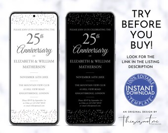 25th Silver Wedding Anniversary Evite Template, Surprise Party, Electronic, Virtual Digital Invite, Download Paperless Invitation, SD25