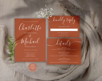 SIGNATURE Terracotta Wedding Invitation Template Suite, Burnt Orange Printable Wedding Set, Minimalist Wedding Invite, Editable Boho Wedding