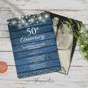 Wedding Anniversary Invitation Template, Rustic Wood String Lights Printable Invite, Editable 10th 20th 25th 30th 40th 50th 60th Anniversary