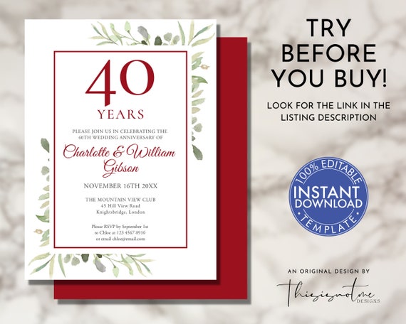 40th Anniversary Ruby Red Wedding Invitation Template | Etsy