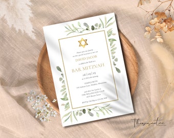 Mall för inbjudan till Bar Mitzvah i Greenery: Davidsstjärna i guld (digital nedladdning)