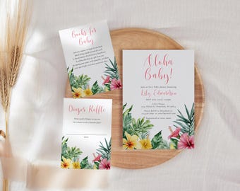 Puede incluir: Juego de invitaciones para baby shower con diseño floral tropical. La invitación dice "Aloha Baby!" en escritura rosa, con detalles para el baby shower de Lily. Incluye tarjetas de "Libros para bebé" y "Rifa de pañales".