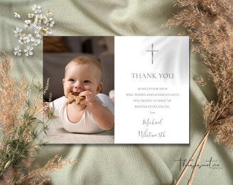 Minimalist Baptism Thank You Card Template, Simple Baptism Thank You Note Template, Photo Thank You Card Printable, Instant Download, SIGB