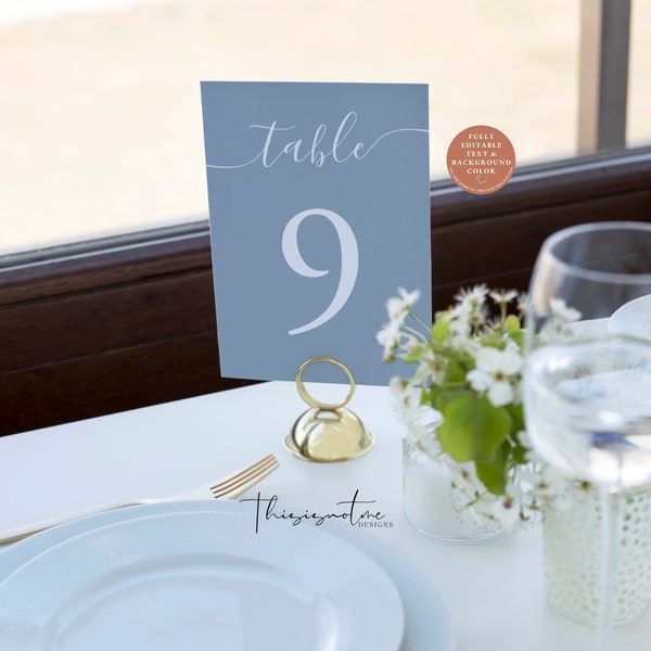 SIGNATURE Modern Minimalist Table Numbers Printable, Dusty Blue Wedding Table Number Template, Simple Editable Table Numbers, INSTANT DIY