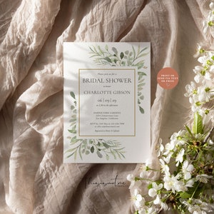 Eucalyptus Greenery Bridal Shower Invitation Template, Editable Gold Geometric  Boho Bridal Shower Printable Invite, Instant Download, WGW
