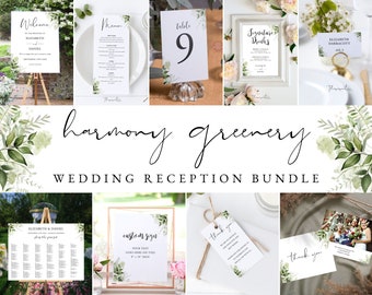 HARMONY Boho Wedding Reception Template Bundle, Watercolor Greenery Wedding Printable Templates Reception Kit, Instant Download