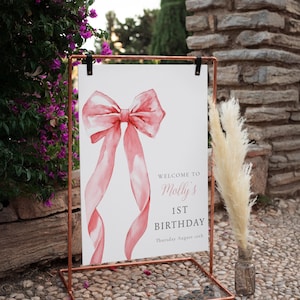 Pink Bow Girl 1st Birthday Welcome Sign: First Birthday Party Decor (Digital Download)