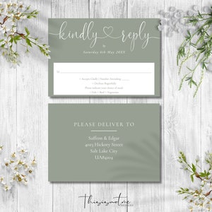 Minimalist RSVP Postcard Template, Sage Green Elegant Heart Script Wedding RSVP Card, Printable, Instant Download, Response Card diy, HSW