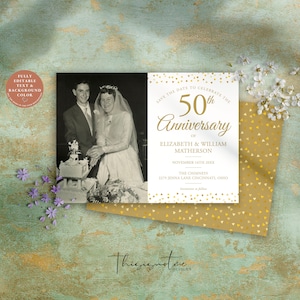 Plantilla de invitación con foto para guardar la fecha del 50.º aniversario de bodas de oro, fiesta sorpresa, descarga instantánea, imprimible, renovación de votos, GH50