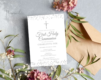 May include: A white invitation card with silver glitter confetti and a gray cross. The text reads "Please join us for the First Holy Communion of our daughter Charlotte Fox, September 19th, 2021 at 11:00 AM, St. Paul's Chapel, 199 Adams Lane, Hadley, Minnesota, Reception at The Fox Home, 1879 Bonnie Sue, Hadley, Minnesota".