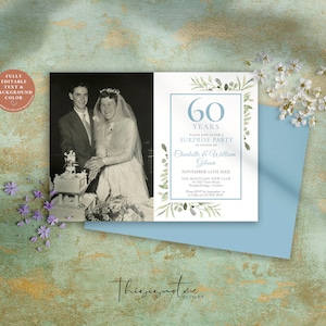 60th Diamond Wedding Anniversary Photo Invitation Template, Surprise Party, Any Year, Instant Download Editable Printable, Greenery, WG60