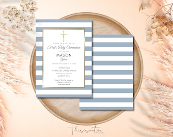 First Communion Invitation Template: Blue Stripes, Elegant Printable Card (Digital Download 5x7in) CSHC