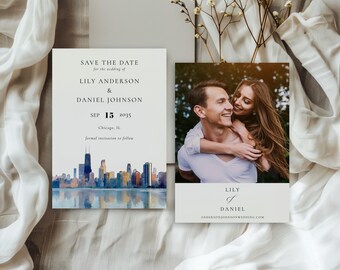 Watercolor Chicago Skyline Wedding Save the Date Template: Photo Invite (Digital Download)