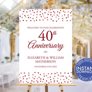 RUBY RED HEARTS 40th Wedding Anniversary Welcome Sign, Anniversary Banner, Editable Printable Sign Template, Poster,  Instant Download, RH40
