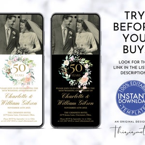 50th Golden Wedding Anniversary Floral Photo Evite Template, Any Year Electronic Virtual Digital Invite, Instant Download Invitation RG50