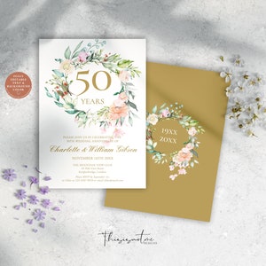 50th Anniversary Invitation, Surprise Party Golden Wedding Invite, Vow Renewal Template, Instant Download Editable Printable, Floral, RG50