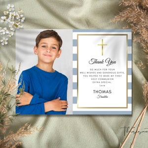 Modèle de carte de remerciement pour la première communion, bleu Photo de première communion pour la première communion, carte de remerciement imprimable, téléchargement immédiat, CSHC