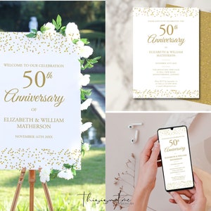 Golden 50th Anniversary Invitation Bundle: Editable Welcome Sign, Evite (Digital Download)