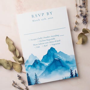 MISTRAL Watercolor Blue Mountain Wedding RSVP Card Template, Destination Wedding RSVP Card, Printable Response Card, Instant Download, Boho