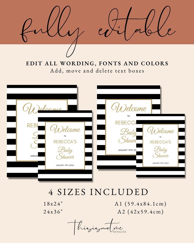 K&ouml;nnte beinhalten: Vier druckbare Willkommens-Schilder f&uuml;r eine Babyparty. Die Schilder haben schwarz-wei&szlig;e Streifen mit goldener Schrift, auf der "Willkommen zur Babyparty von Rebecca" und das Datum steht. Die Schilder sind in vier Gr&ouml;&szlig;en erh&auml;ltlich: 18x24 Zoll, 24x36 Zoll, A1 (59,4x84,1 cm) und A2 (42x59,4 cm).