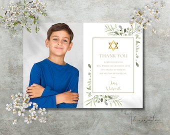 Modern Bar Mitzvah Thank You Card Template, Photo Thank You Note Greenery Photo Bar Mitzvah Thank You Card Printable, Instant Download, WGBM