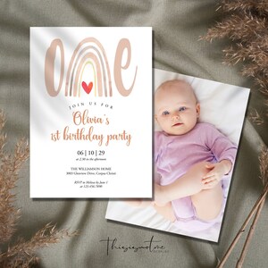 First Birthday Invitation Template, Boho Rainbow 1st Birthday Party Invite, Photo Modern ONE Rainbow Birthday Invitation Editable Template