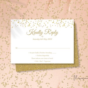 Modelo de cartão postal com resposta de confete em pó dourado, cartão de resposta de casamento com letra elegante, cartão de resposta de aniversário para impressão, download instantâneo GD50