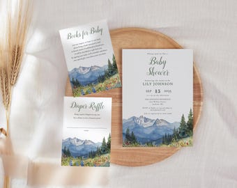 Mountain Wildflower Baby Shower Invitation Set: Adventure Theme (Digital Download Templates Bundle) MONTARA