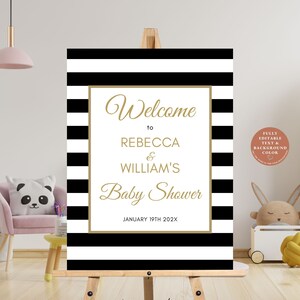 K&ouml;nnte beinhalten: Schwarz-wei&szlig; gestreiftes Willkommens-Schild mit goldener Schrift. Der Text lautet "Willkommen zu Rebecca & Williams Baby Shower am 19. Januar 202X".