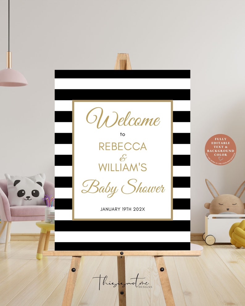 K&ouml;nnte beinhalten: Schwarz-wei&szlig; gestreiftes Willkommens-Schild mit goldener Schrift. Der Text lautet "Willkommen zu Rebecca & Williams Baby Shower am 19. Januar 202X".