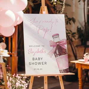 Modèle de plaque de bienvenue pour une baby shower, elle est prête à éclater, plaque de bienvenue pour baby shower fille, enseigne noeud rose coquette, baby shower soda, téléchargement