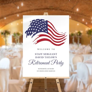 Patriotic American Flag Retirement Party Welcome Sign Template, Editable Printable Poster, Army, Air Force, Navy, Military Farewell Party