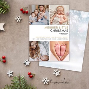 MERRIER Anuncio de bebé navideño, Anuncio de nacimiento navideño imprimible, Tarjeta navideña y Anuncio de bebé, Tarjeta de nacimiento con foto