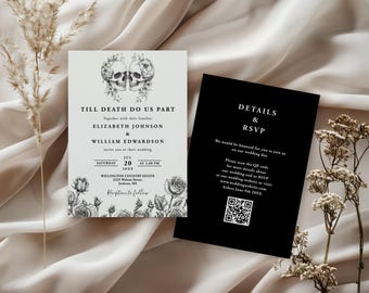 Gothic Skulls Floral Wedding Invitation Template: All In One QR Code (Digital Download) GEMINA