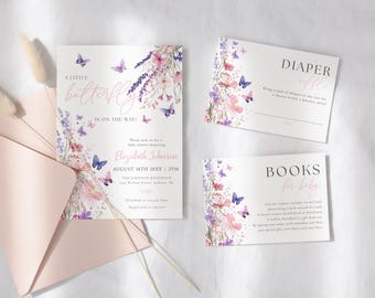 Watercolor Butterfly Floral Baby Shower Invitation Suite: Editable Template (Digital Download) BELLE