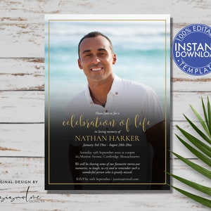 May include: A black and gold celebration of life invitation with a photo of a man. The invitation includes the text "Please join us for a celebration of life in loving memory of Nathan Harker".