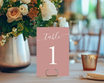 SIGNATURE Dusty Rose Minimalist Wedding Table Number, Chic Signature Script Table Numbers Template, Simple Dusty Rose Printable Table Number