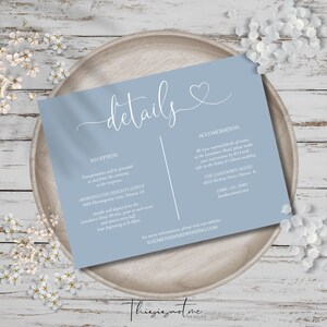 Staubige Blaue Hochzeitsdetails Kartenvorlage, Elegante Herz Skript Details Karteneinschluss Karte druckbare Hochzeit Anpassung Karte Instant, HSW