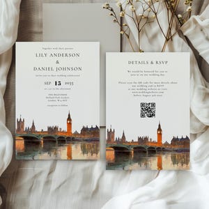 May include: Wedding invitation set featuring a watercolor illustration of the London skyline, including Big Ben. The invitation includes the names Lily Anderson & Daniel Johnson, and the date September 15, 2035. The RSVP details are also included.