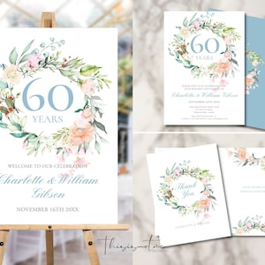 60th 75th Anniversary Celebration Bundle, Diamond Wedding Invitation, Welcome Sign, Thank You Card, Roses Garland, Editable Printable, RG60